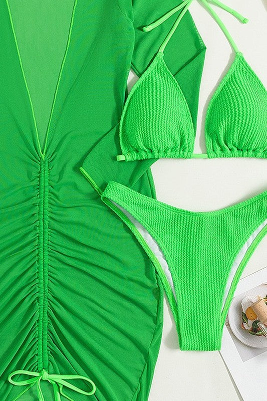 Oista Ribbed Green Three Piece Bikini Set - WILD FLIER GIFTS AND APPAREL