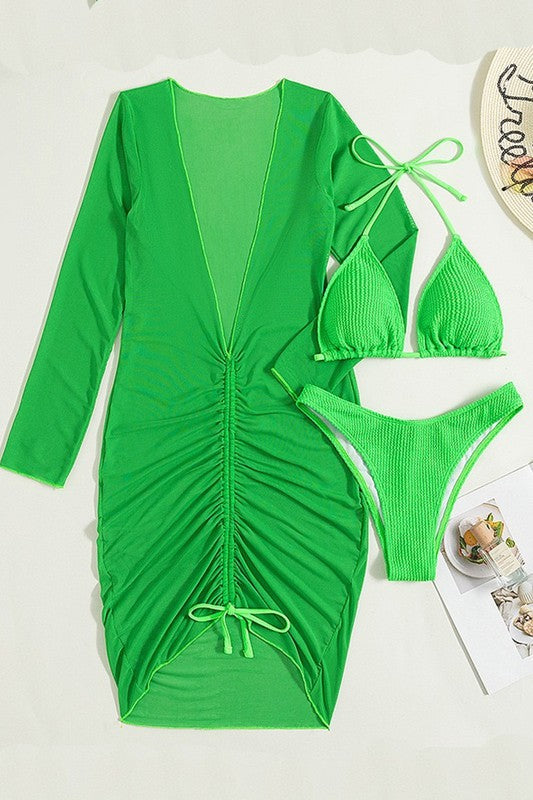 Oista Ribbed Green Three Piece Bikini Set