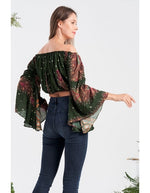 Kathmandu Imports Feather Print Off Shoulder Crop Top - WILD FLIER GIFTS AND APPAREL