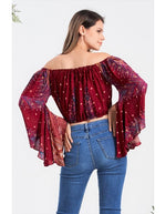 Kathmandu Imports Feather Print Off Shoulder Crop Top - WILD FLIER GIFTS AND APPAREL