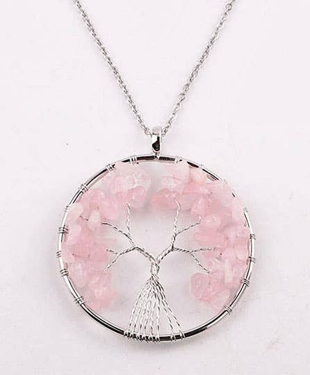 Tree of Life Necklace with Rose Quartz Stones