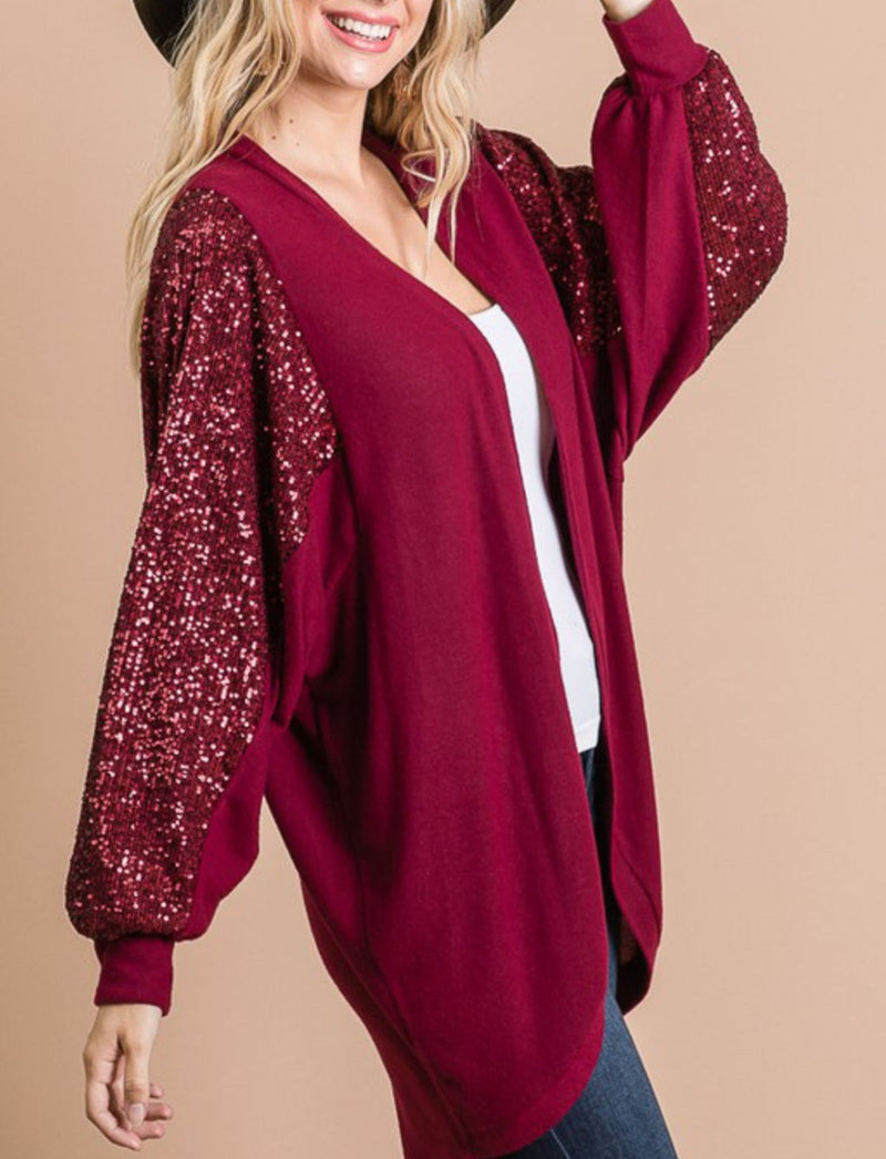 Fashion District LA 7th Ray Sequin Sleeve Hi-Lo Open Cardigans - WILD FLIER GIFTS AND APPAREL