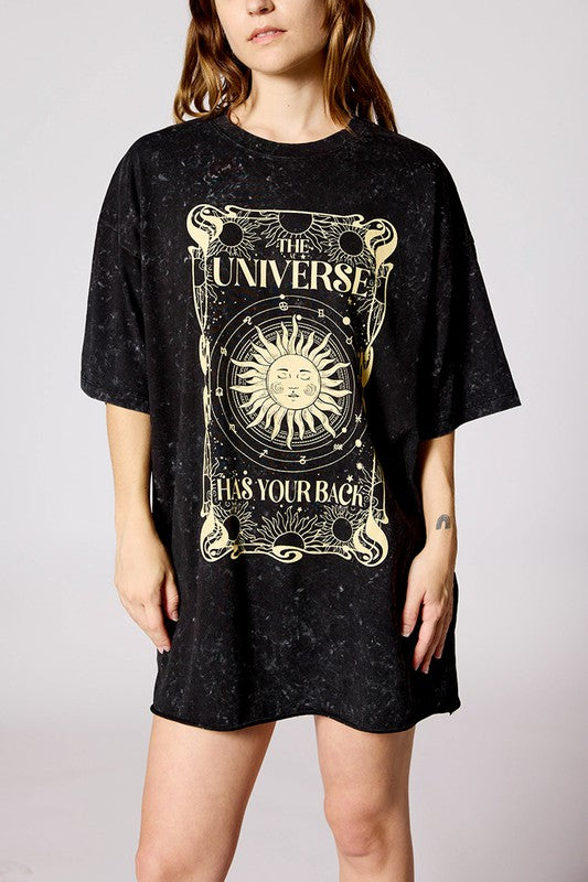 Organic Generation “The Universe Has Your Back” Mineral Washed Oversized Tunic Short Sleeve Crew Tee - WILD FLIER GIFTS AND APPAREL