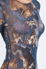 Bear Dance Zodiac Horoscope Print Mesh Long Sleeve Dress