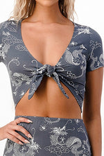 Bear Dance Dragon Print Tie Crop Top And Mini Skirt Set