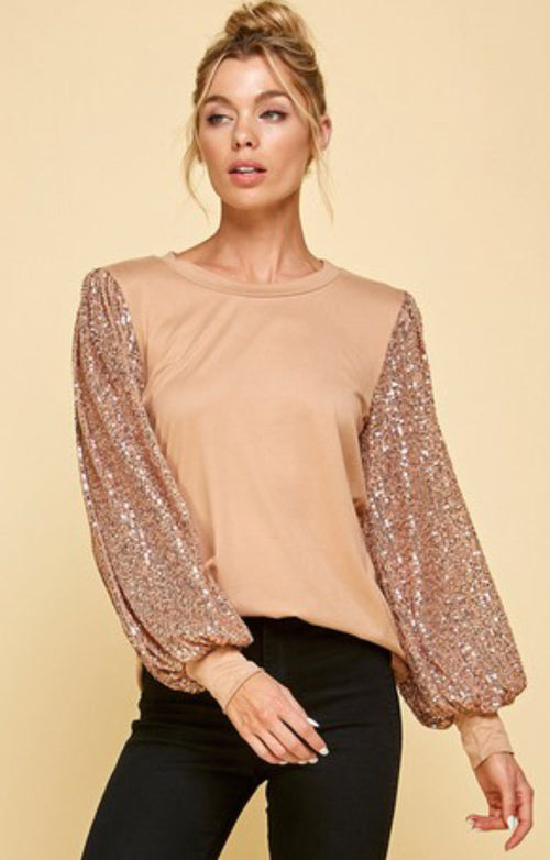 Les Amis Top with Shinny Sleeves -Taupe - WILD FLIER GIFTS AND APPAREL