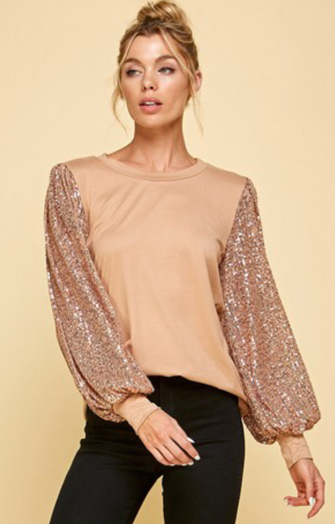 Les Amis Top with Shinny Sleeves -Taupe