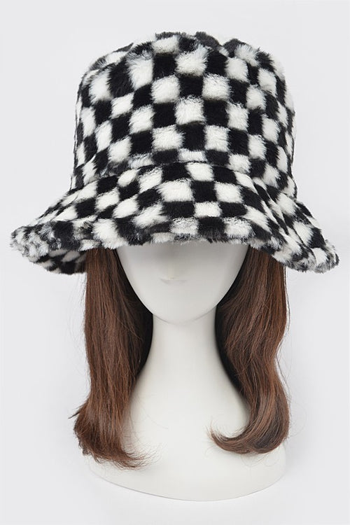 Checker Print Faux Fur Bucket Hat