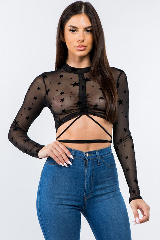 Bear Dance Long Sleeve Star Print Mesh Crop Top With Ruching and Tie
