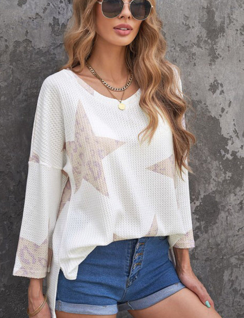 Sweet Lover White Leopard Star Waffle Knit Top - WILD FLIER GIFTS AND APPAREL