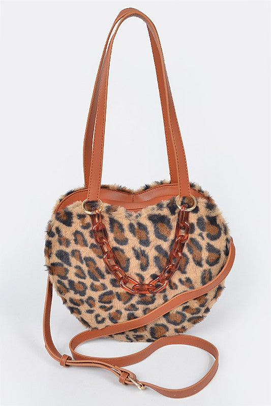 Faux Leopard Fur Heart Shape Shoulder Bags