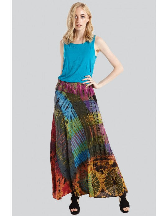 Kathmandu Imports Mixed Patch Tie-Dye Drawstring Long Skirt