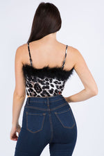 Bear Dance Leopard Print Velvet Crop Top With Fur Detail