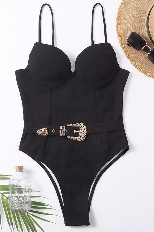 Oista Black One Piece Swimsuit with Gold Buckle Detail - WILD FLIER GIFTS AND APPAREL
