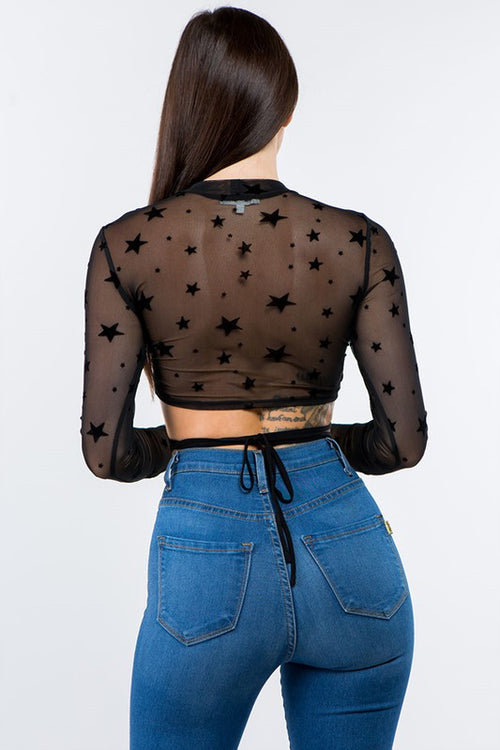 Bear Dance Long Sleeve Star Print Mesh Crop Top With Ruching and Tie - WILD FLIER GIFTS AND APPAREL