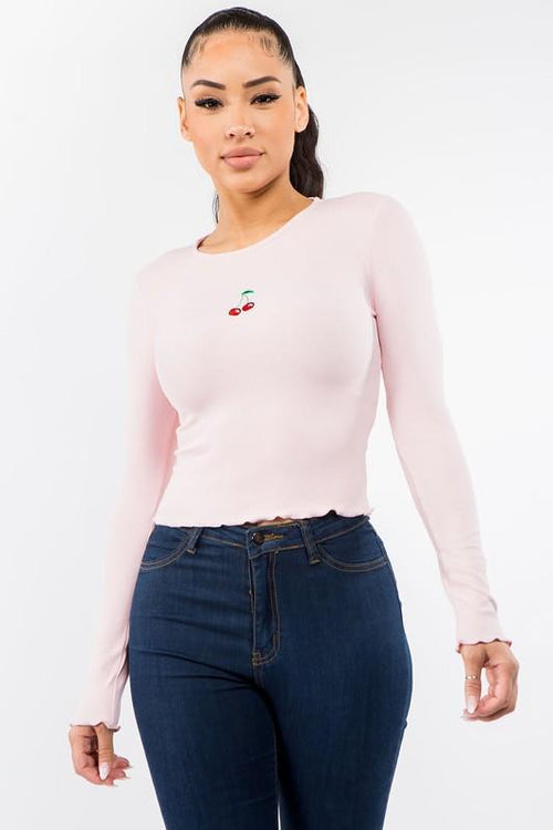 Bear Dance Cherry Embroidered along Sleeve  Ribbed Crop Top - WILD FLIER GIFTS AND APPAREL
