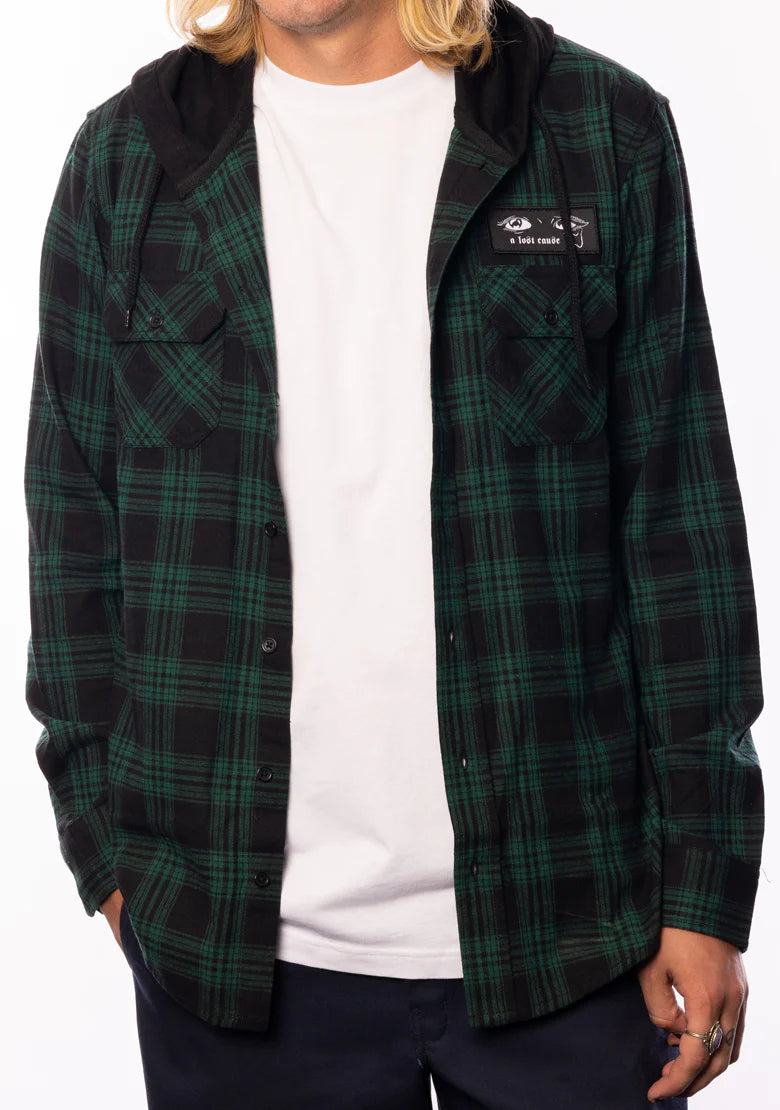 A Lost Cause Tears Hooded Flannel Shirt-Black/Green - WILD FLIER GIFTS AND APPAREL