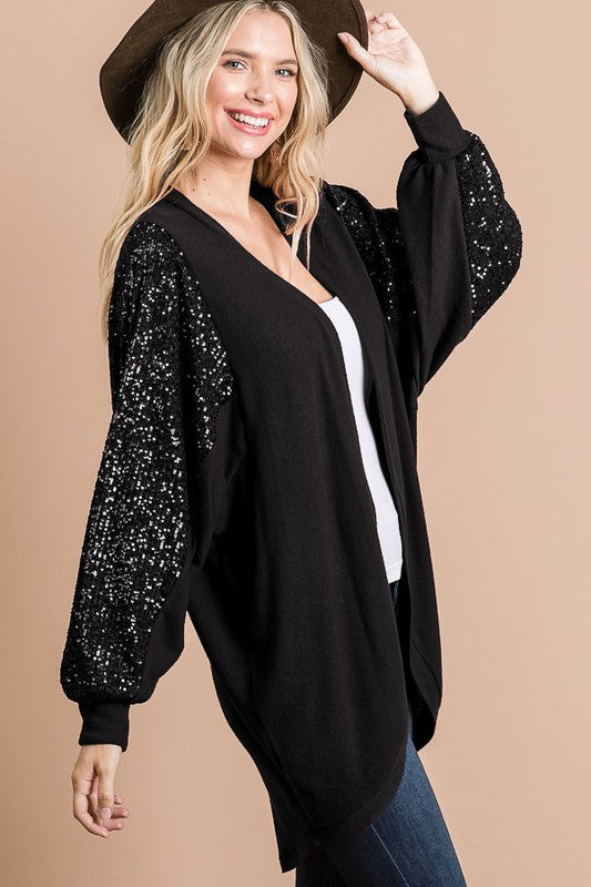 Fashion District LA 7th Ray Sequin Sleeve Hi-Lo Open Cardigans - WILD FLIER GIFTS AND APPAREL
