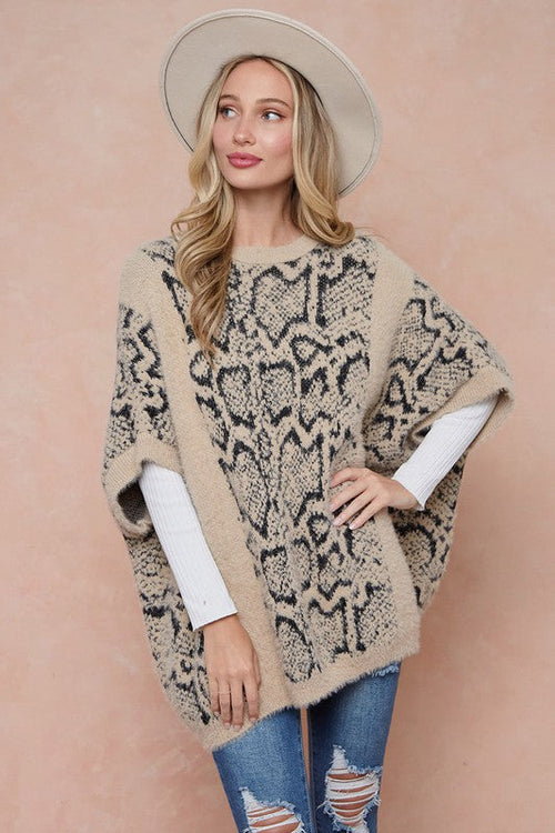 On Blue Animal Print Sweater Poncho - WILD FLIER GIFTS AND APPAREL