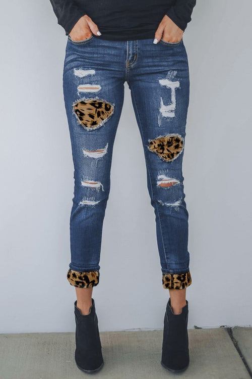 Sweet Lover Fashion Distressed Leopard Skinny Jeans - WILD FLIER GIFTS AND APPAREL