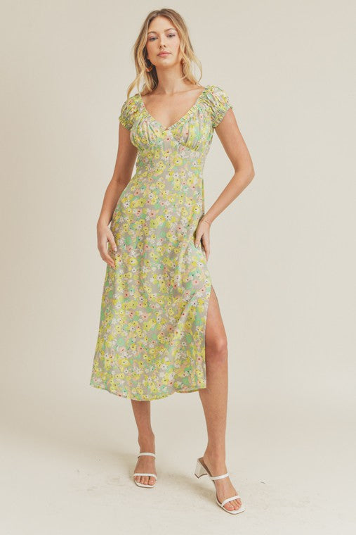 Lush Floral Print Midi Dress-Sage/Lime