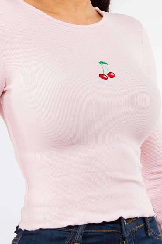 Bear Dance Cherry Embroidered along Sleeve  Ribbed Crop Top