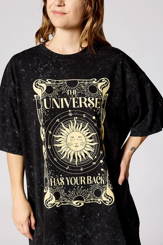 Organic Generation “The Universe Has Your Back” Mineral Washed Oversized Tunic Short Sleeve Crew Tee - WILD FLIER GIFTS AND APPAREL