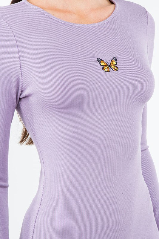 Bear Dance Butterfly Patch Long Sleeve Dress-Lavender - WILD FLIER GIFTS AND APPAREL