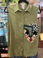 Red By Design #119 Olive Green Sleeveless Top With Lady Patchwork - WILD FLIER GIFTS AND APPAREL
