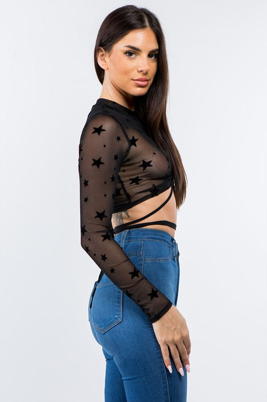 Bear Dance Long Sleeve Star Print Mesh Crop Top With Ruching and Tie