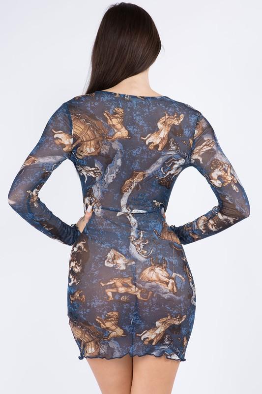 Bear Dance Zodiac Horoscope Print Mesh Long Sleeve Dress