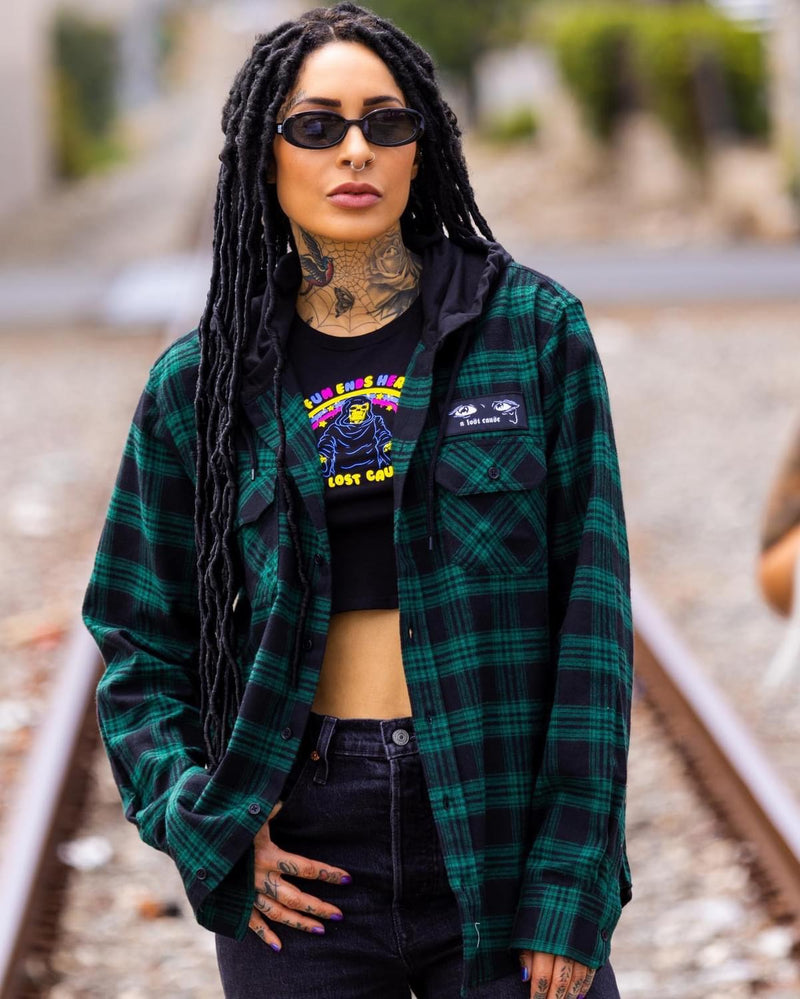 A Lost Cause Tears Hooded Flannel Shirt-Black/Green